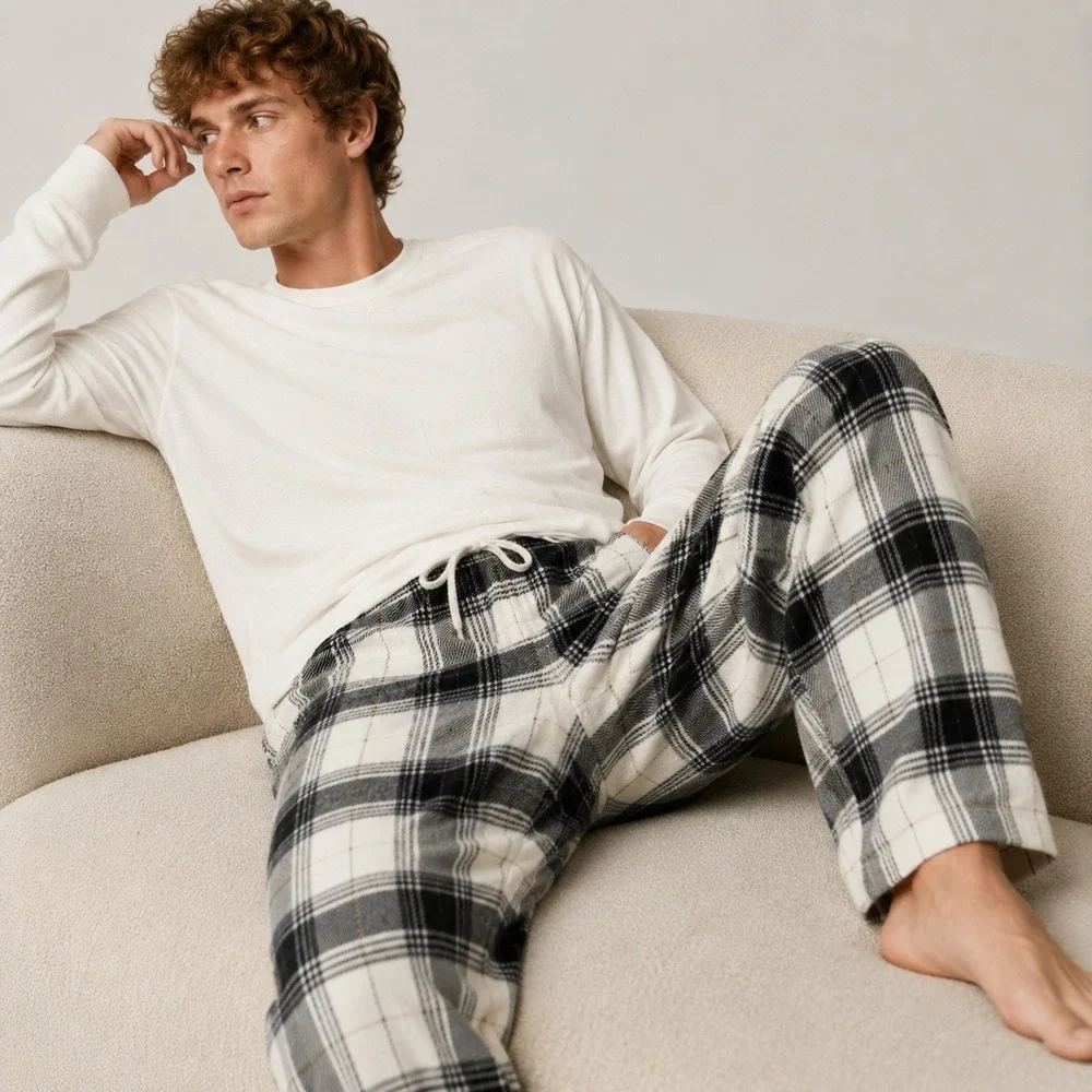 Gap Mens 2-Pack Flannel Pajama Pants Black White Plaid Stripe Sleepwear L NEW